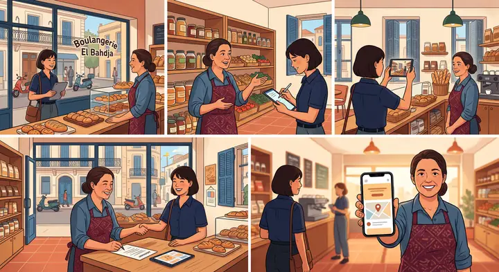 Les cinq étapes, chez une commerçante : la rencontre, les informations du commerce, l’aperçu sur le téléphone, l’accord, le site en ligne.